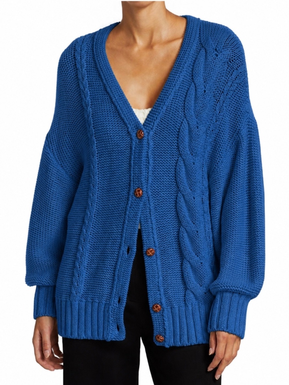 Staud Blake Cardigan Size M Oversized V Neck Cable knit Sweater Royal Blue